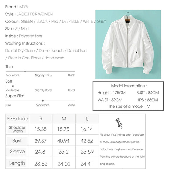 Miya Classic Flight Jacket Short Bomber Jacket Women Coat