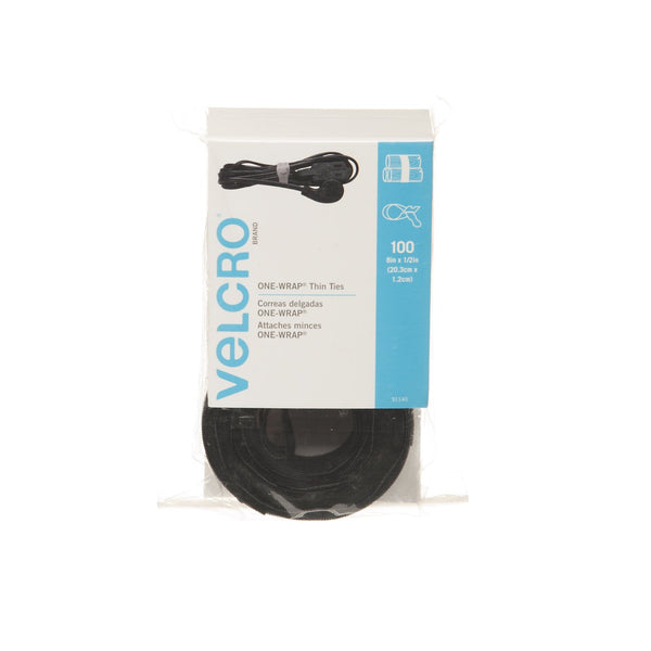 VELCRO Brand - ONE-WRAP Cable Management, Thin Self-Gripping Cable Ties: Reusable, Light Duty - 8" x 1/2" Ties, 100 Pack - Black